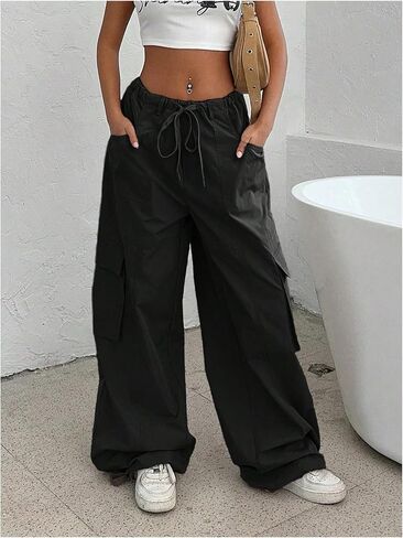 OYOANGLE Women's Low Waist Cargo Pants Wide Leg Y2K Parachute Trousers with Pockets in Saudi Arabia