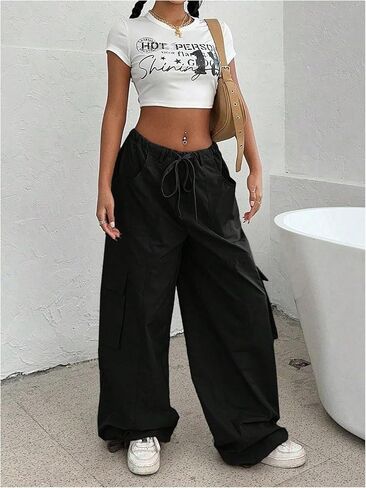 OYOANGLE Women's Low Waist Cargo Pants Wide Leg Y2K Parachute Trousers with Pockets in Saudi Arabia