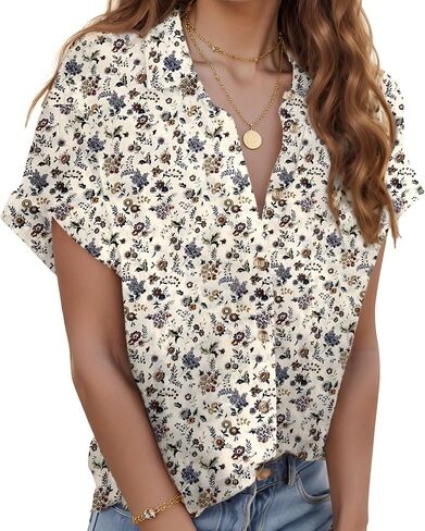 Zeagoo Linen Shirts for Women Cotton Short Sleeve V Neck Collared Button Down Blouses Tops S-3XL in Saudi Arabia