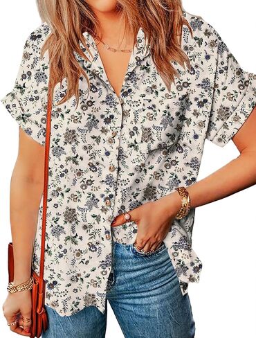 Zeagoo Linen Shirts for Women Cotton Short Sleeve V Neck Collared Button Down Blouses Tops S-3XL in Saudi Arabia