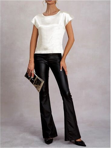 Women's Crew Neck Dolman Short Sleeve Satin Blouse Elegant Party Shirts in Kuwait