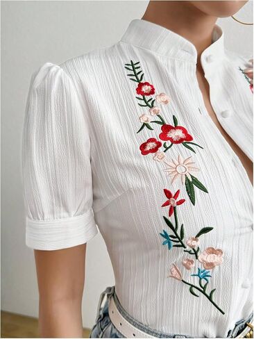 Floerns Women's Floral Embroidery Button Down Shirts Puff Sleeve Dressy Casual Blouse Top in Saudi Arabia