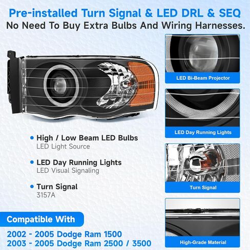 استبدال مجموعات المصابيح الأمامية LED الأكثر سطوعًا بنسبة 500% من ELH لـ 02-05 دودج رام 1500 و2003-2005 2500/3500 مع مصباح أمامي لجهاز عرض LED DRL، غطاء أسود عاكس شفاف in Kuwait