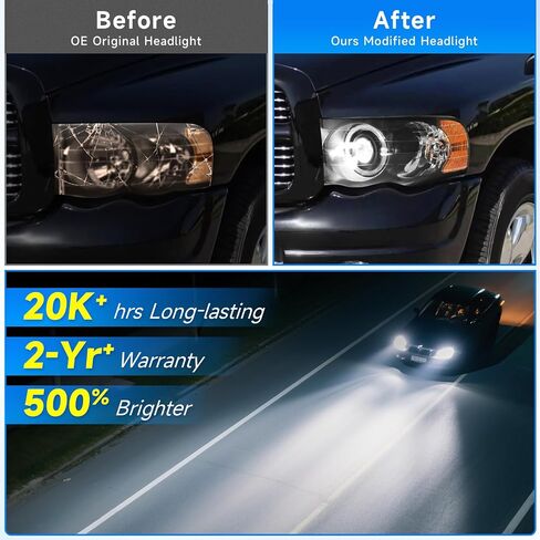 استبدال مجموعات المصابيح الأمامية LED الأكثر سطوعًا بنسبة 500% من ELH لـ 02-05 دودج رام 1500 و2003-2005 2500/3500 مع مصباح أمامي لجهاز عرض LED DRL، غطاء أسود عاكس شفاف in Kuwait