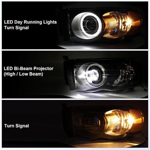 استبدال مجموعات المصابيح الأمامية LED الأكثر سطوعًا بنسبة 500% من ELH لـ 02-05 دودج رام 1500 و2003-2005 2500/3500 مع مصباح أمامي لجهاز عرض LED DRL، غطاء أسود عاكس شفاف in Kuwait