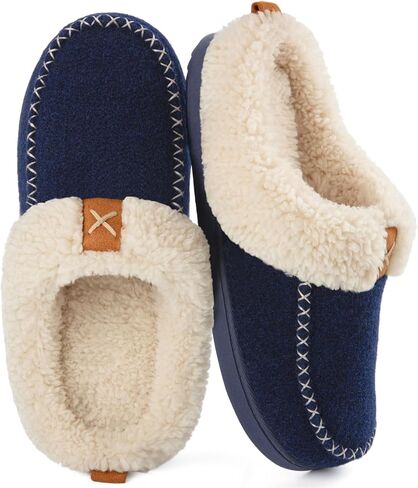 LongBay Women's Moccasin Slippers Faux Wool Felt Slip-On Bedroom Clog Comfy Memory Foam Indoor Outdoor House Shoes with Fuzzy Collar Burgundy 7-8 in Kuwait