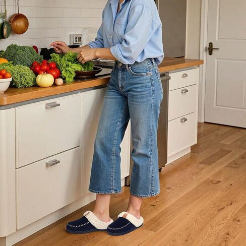 LongBay Women's Moccasin Slippers Faux Wool Felt Slip-On Bedroom Clog Comfy Memory Foam Indoor Outdoor House Shoes with Fuzzy Collar Burgundy 7-8 in Kuwait