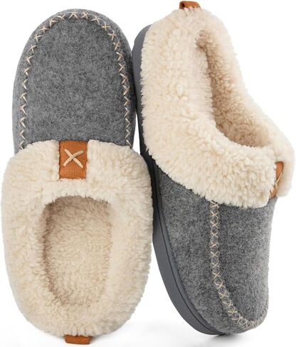 LongBay Women's Moccasin Slippers Faux Wool Felt Slip-On Bedroom Clog Comfy Memory Foam Indoor Outdoor House Shoes with Fuzzy Collar Burgundy 7-8 in Saudi Arabia