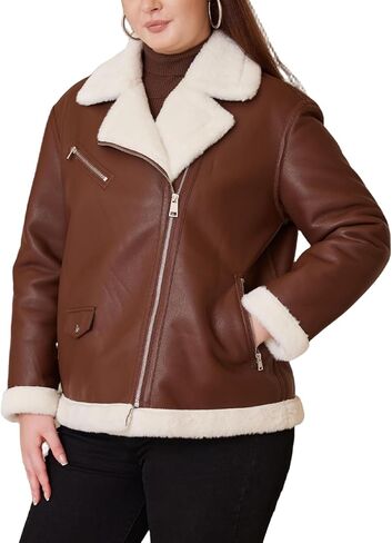 سترة نسائية من الجلد الصناعي من الفرو الصناعي مقاس كبير معطف فضفاض مبطن بالفرو للدراجات النارية in Kuwait