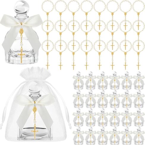 Chuangdi 24 Sets Holy Catholic Water Bottles Bulk Baptism Favors for Guests Catholic Christian Glass Bottles with Gold Cross Bracelet Organza Bags, White Ribbon Holy for Church Wedding Baptism Gift in Saudi Arabia
