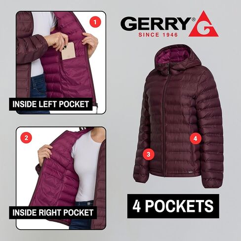 سترة منتفخة للنساء من Gerry قابلة للتعبئة مع غطاء للرأس - معطف منتفخ للنساء خفيف الوزن ودافئ للسفر بسحاب كامل ومبطن لفصل الشتاء in Kuwait