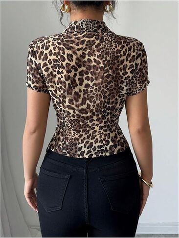SweatyRocks Women's Leopard Print Button Down Blouse Short Sleeve Collared Slim Fit Shirts in Saudi Arabia