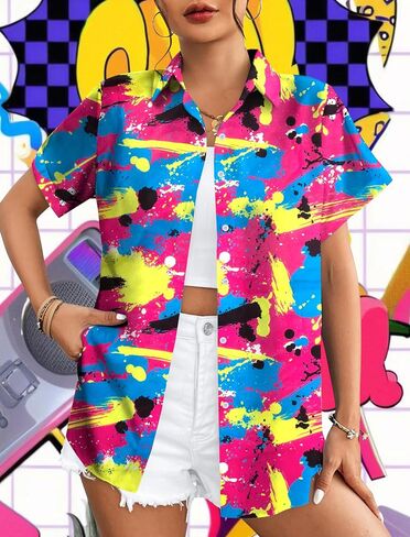 80s ملابس النساء 80s 90s النيون قميص ريترو موضوع حفلة ديسكو قميص هاواي زر أسفل قصيرة الأكمام بلايز in Kuwait
