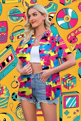 80s ملابس النساء 80s 90s النيون قميص ريترو موضوع حفلة ديسكو قميص هاواي زر أسفل قصيرة الأكمام بلايز in Kuwait