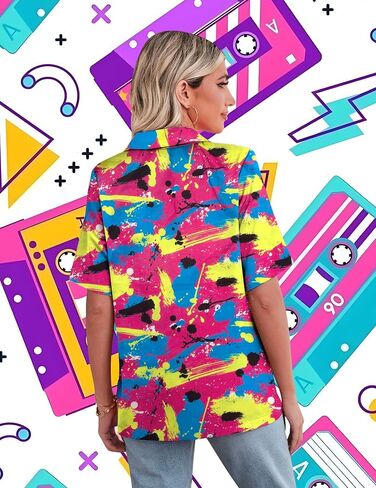 80s ملابس النساء 80s 90s النيون قميص ريترو موضوع حفلة ديسكو قميص هاواي زر أسفل قصيرة الأكمام بلايز in Kuwait