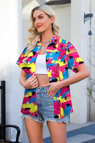 80s ملابس النساء 80s 90s النيون قميص ريترو موضوع حفلة ديسكو قميص هاواي زر أسفل قصيرة الأكمام بلايز in Kuwait
