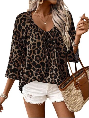 Women's Leopard Blouses Dressy Casual Tie Front V Neck 3/4 Sleeve Tops Vintage Summer Shirts in Saudi Arabia