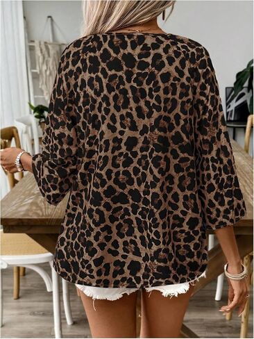Women's Leopard Blouses Dressy Casual Tie Front V Neck 3/4 Sleeve Tops Vintage Summer Shirts in Saudi Arabia