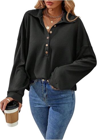 SweatyRocks Women's Collar Long Sleeve Tops Casual Loose Half Button Shirts Fall Trendy Outfits in Saudi Arabia