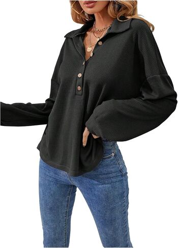 SweatyRocks Women's Collar Long Sleeve Tops Casual Loose Half Button Shirts Fall Trendy Outfits in Saudi Arabia