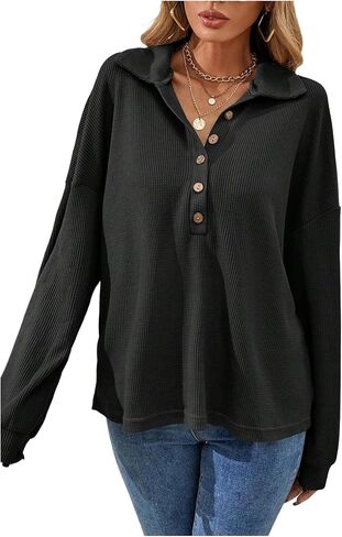 SweatyRocks Women's Collar Long Sleeve Tops Casual Loose Half Button Shirts Fall Trendy Outfits in Saudi Arabia