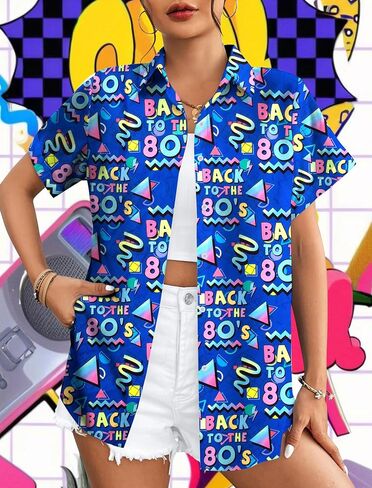 80s ملابس النساء 80s 90s النيون قميص ريترو موضوع حفلة ديسكو قميص هاواي زر أسفل قصيرة الأكمام بلايز in Kuwait