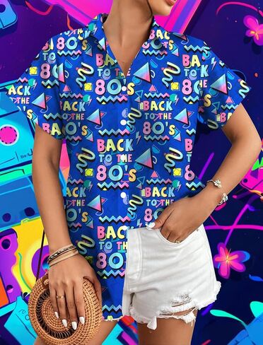 80s ملابس النساء 80s 90s النيون قميص ريترو موضوع حفلة ديسكو قميص هاواي زر أسفل قصيرة الأكمام بلايز in Kuwait