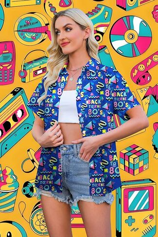 80s ملابس النساء 80s 90s النيون قميص ريترو موضوع حفلة ديسكو قميص هاواي زر أسفل قصيرة الأكمام بلايز in Kuwait