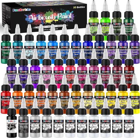 FansArriche Airbrush Paint, 44 Colors with 6 Thinners Acrylic Air Brush Paint Set, Ready to Spray Water-Based Opaque & Neon & Iridescent Acrylic Paint for Beginners, Artists, 20 ml/Bottle in Saudi Arabia