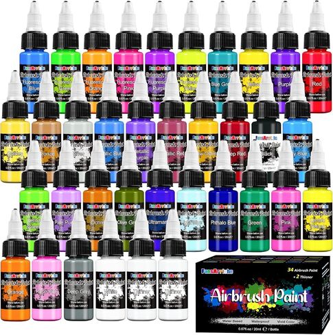 FansArriche Airbrush Paint, 44 Colors with 6 Thinners Acrylic Air Brush Paint Set, Ready to Spray Water-Based Opaque & Neon & Iridescent Acrylic Paint for Beginners, Artists, 20 ml/Bottle in Saudi Arabia