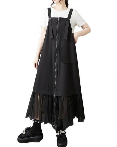 ellazhu Women's Pants Overalls Solid Zip UP Two Side Pockets Tulle Hem Fashion Casual Plus Size Maxi GZ552 in Saudi Arabia