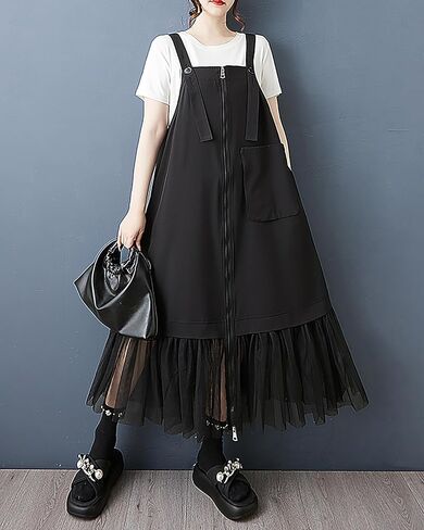 ellazhu Women's Pants Overalls Solid Zip UP Two Side Pockets Tulle Hem Fashion Casual Plus Size Maxi GZ552 in Saudi Arabia
