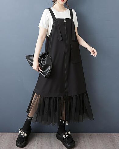 ellazhu Women's Pants Overalls Solid Zip UP Two Side Pockets Tulle Hem Fashion Casual Plus Size Maxi GZ552 in Saudi Arabia