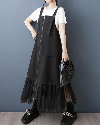 ellazhu Women's Pants Overalls Solid Zip UP Two Side Pockets Tulle Hem Fashion Casual Plus Size Maxi GZ552 in Saudi Arabia