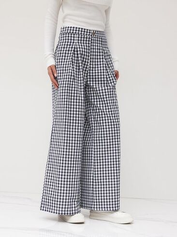 سروال واسع الساق من CIDER، سروال قطني عالي الخصر، سروال نسائي منقوش، سروال كاجوال مع جيوب in Kuwait