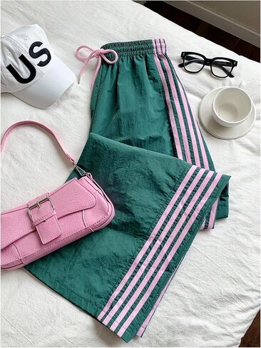 GORGLITTER المرأة فضفاض واسعة الساق السراويل الترنك Y2k الجانب مخطط اللون كتلة الرباط بنطلون أسفل العرق السراويل in Kuwait