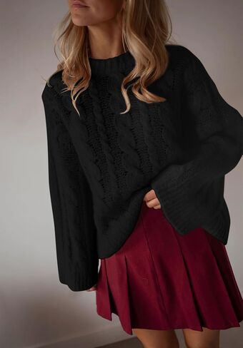 Women's Cable Knit Sweater Pullovers Crewneck Long Sleeve Oversized Y2k Vintage Fall Winter Cozy Chunky Sweaters in Saudi Arabia