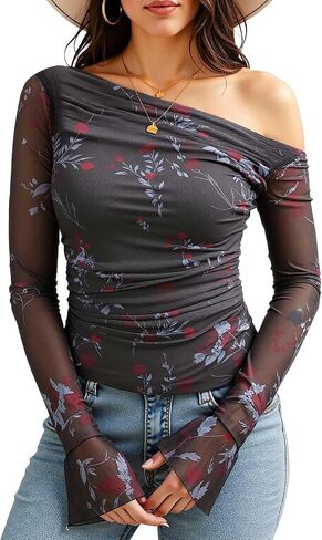 Bbonlinedress Womens Floral Mesh Long Sleeve Tops Going Out One Shoulder Shirts Ruched Waist Blouses with Lining in Saudi Arabia