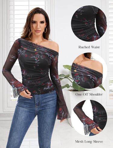 Bbonlinedress Womens Floral Mesh Long Sleeve Tops Going Out One Shoulder Shirts Ruched Waist Blouses with Lining in Saudi Arabia