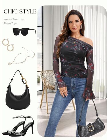 Bbonlinedress Womens Floral Mesh Long Sleeve Tops Going Out One Shoulder Shirts Ruched Waist Blouses with Lining in Saudi Arabia