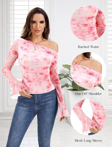 Bbonlinedress قمصان حريمي شبكية منقوشة بالورود وأكمام طويلة للخروج وقمصان بكتف واحد وبلوزات بخصر مكشكش مع بطانة in Kuwait
