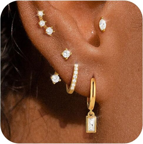 5 Pairs Gold Hoop Earrings 925 Sterling Silver 14K Gold Plated Stud Earrings for Women Hypoallergenic Cartilage Earrings Set for Multiple Piercing Small Huggie Dangle Earring Stack Jewelry Gift in Kuwait