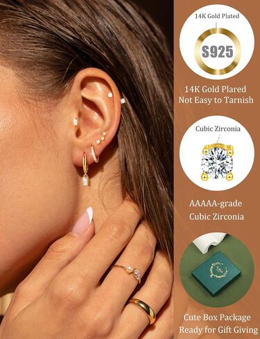 5 Pairs Gold Hoop Earrings 925 Sterling Silver 14K Gold Plated Stud Earrings for Women Hypoallergenic Cartilage Earrings Set for Multiple Piercing Small Huggie Dangle Earring Stack Jewelry Gift in Kuwait
