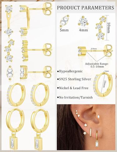 5 Pairs Gold Hoop Earrings 925 Sterling Silver 14K Gold Plated Stud Earrings for Women Hypoallergenic Cartilage Earrings Set for Multiple Piercing Small Huggie Dangle Earring Stack Jewelry Gift in Kuwait