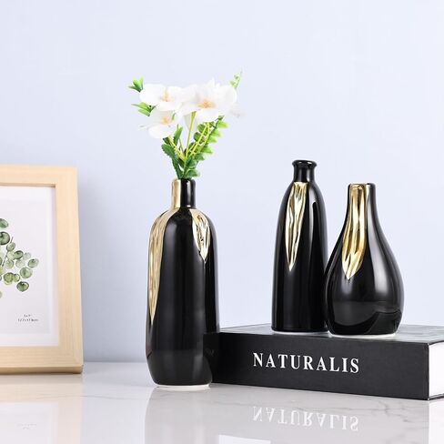 Blue and Gold Mini Ceramic Vase Set of 3, Small Ceramic Vase Set for Decorative, Bud Vases for Centerpieces Nightstand Kitchen, Boho Farmhouse Home Coffee Table Tray Decor in Saudi Arabia