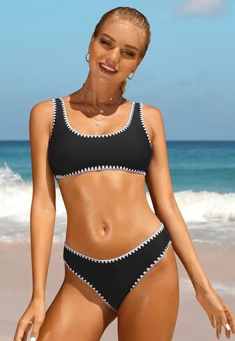 Women's Bikini Set High Cut Scoop Neck Swimwear Two Piece Bathing Suits Crop Top in Saudi Arabia