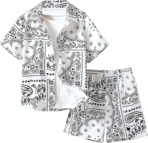 Boy's 2 Piece Clothing Set Paisley Short Sleeve Button Up Shirts and Elastic Waist Beach Shorts in Saudi Arabia