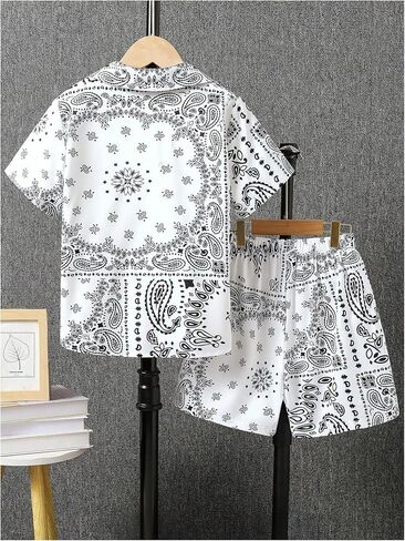 Boy's 2 Piece Clothing Set Paisley Short Sleeve Button Up Shirts and Elastic Waist Beach Shorts in Saudi Arabia
