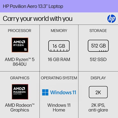 كمبيوتر محمول HP Pavilion Aero مقاس 13.3 بوصة، شاشة WUXGA، AMD Ryzen 5 8640U، ذاكرة الوصول العشوائي 16 جيجابايت، 512 جيجابايت SSD، AMD Radeon Graphics، Windows 11 Home، مفتاح Copilot، 13-bg0010nr (2024) in Saudi Arabia