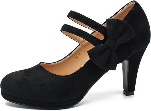 Women's Mary Jane Bow Heels Pumps Round Closed Toe Kitten Heel Double Ankle Strap Wedding Office Work Dress Shoes in Kuwait